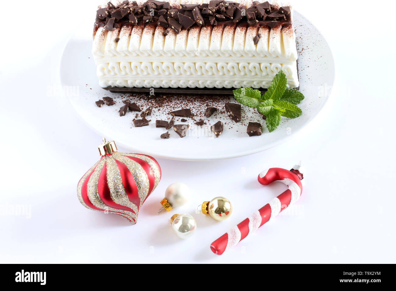 Christmas ice cream yule log cake with chocolate chips on a white