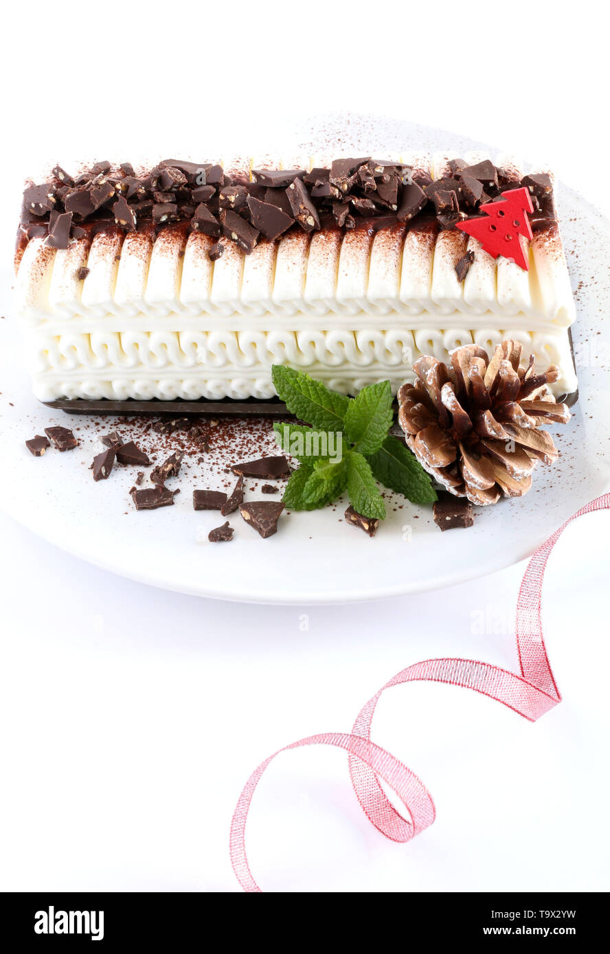 Christmas ice cream yule log cake with chocolate chips on a white