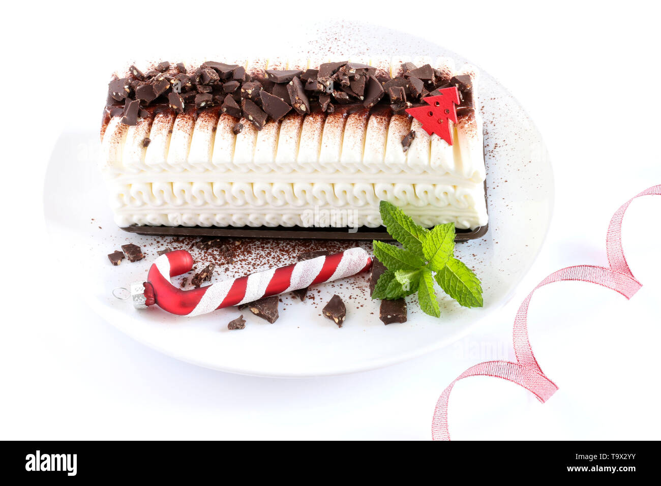 Christmas ice cream yule log cake with chocolate chips on a white