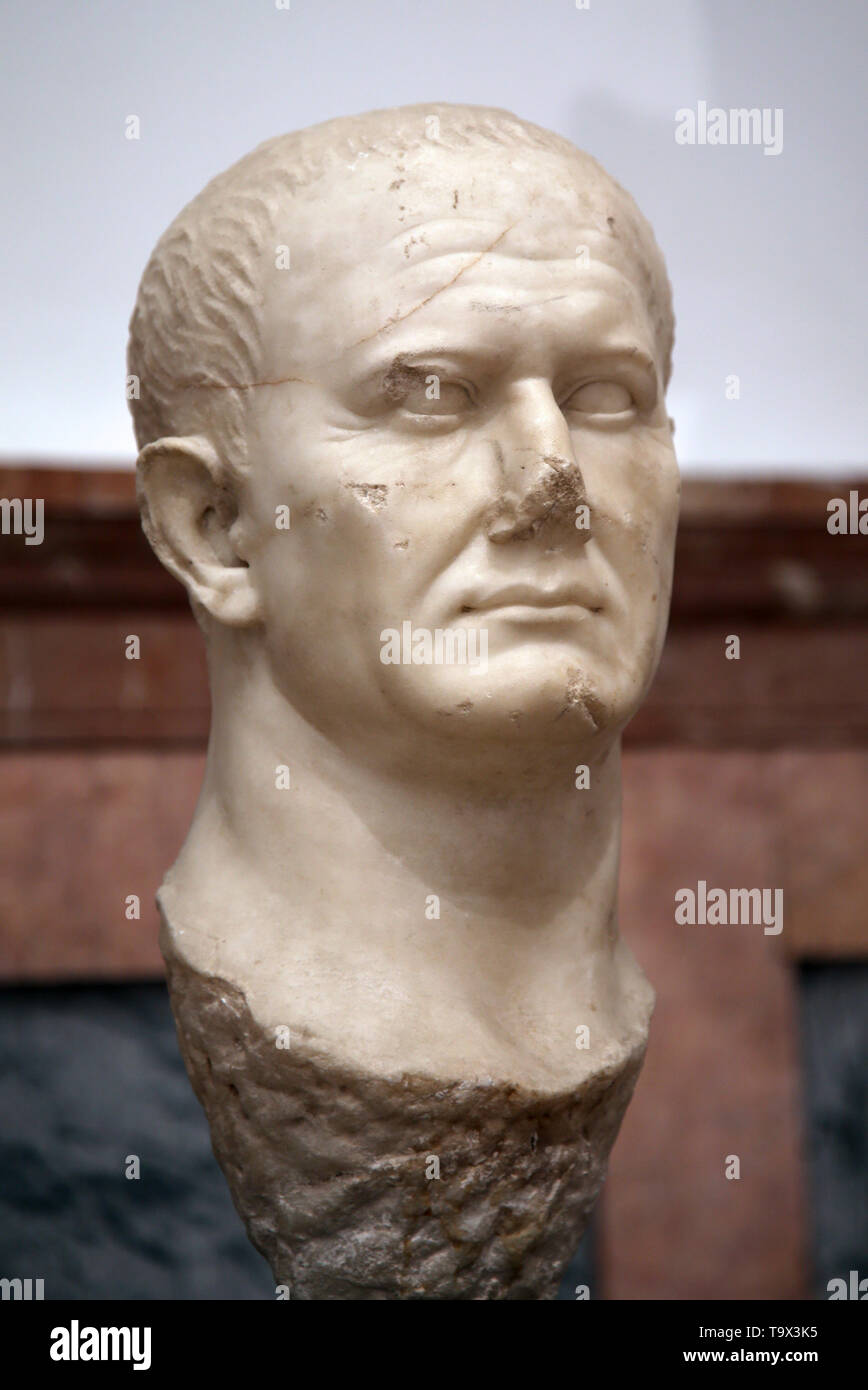 Bust of emperor Vespasian (9-79 AD). Marble. From Ecija, Andalusia, Spain. Archaeological Museum of Seville. Andalusia. Spain. Stock Photo