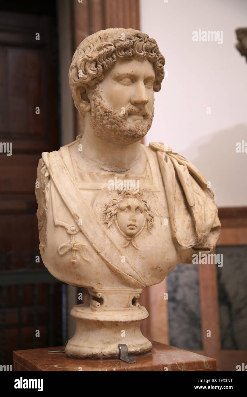 Emperor Hadrian (76-138). Marble bust,130-145 AD. Italica, Santiponce, Province of Seville, Andalucia, Spain.Archaeological Museum of Seville. Andalus Stock Photo