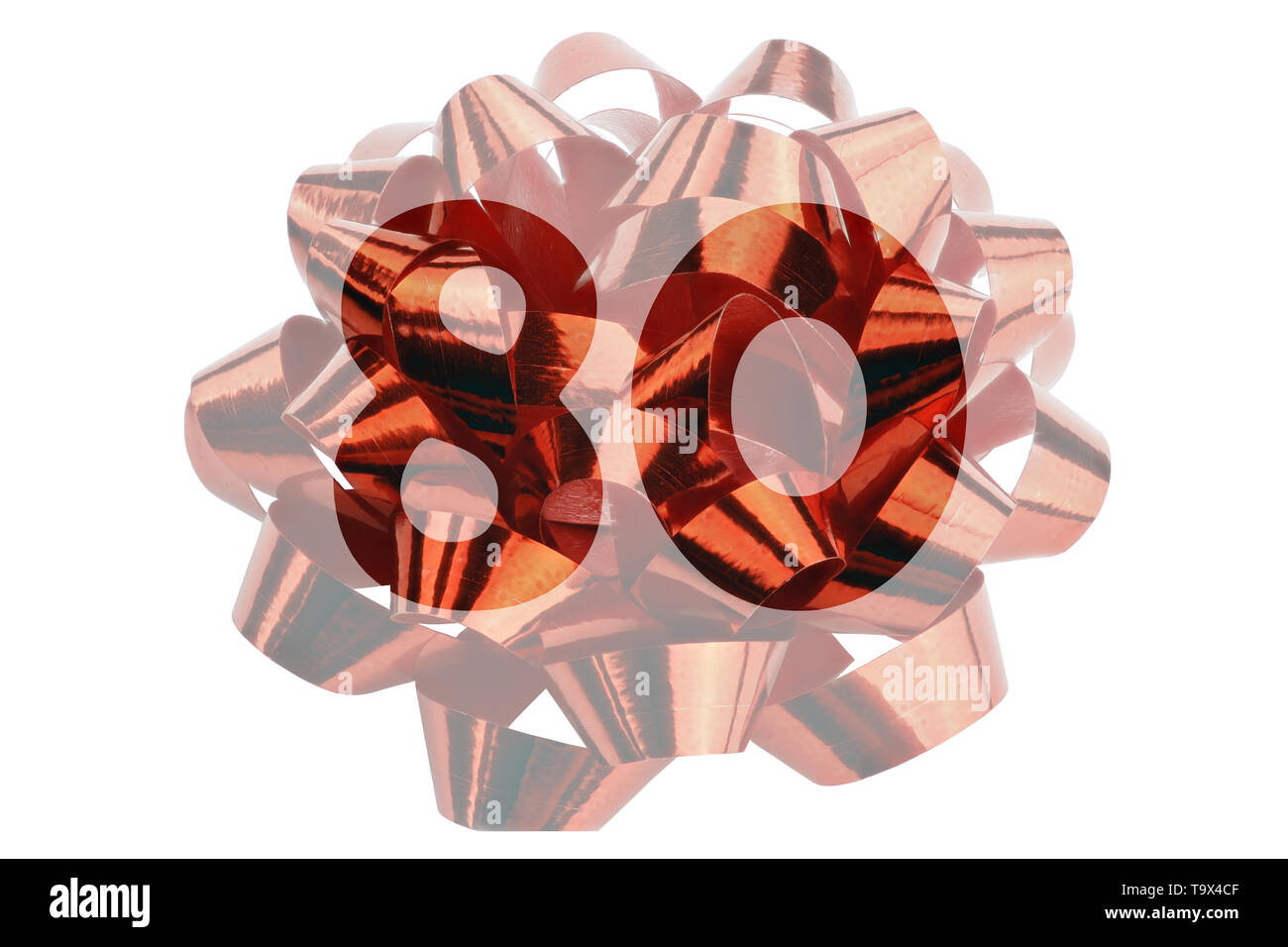 Number 80 highlighted in front of a closeup. Photograph of a red gift bow Stock Photo