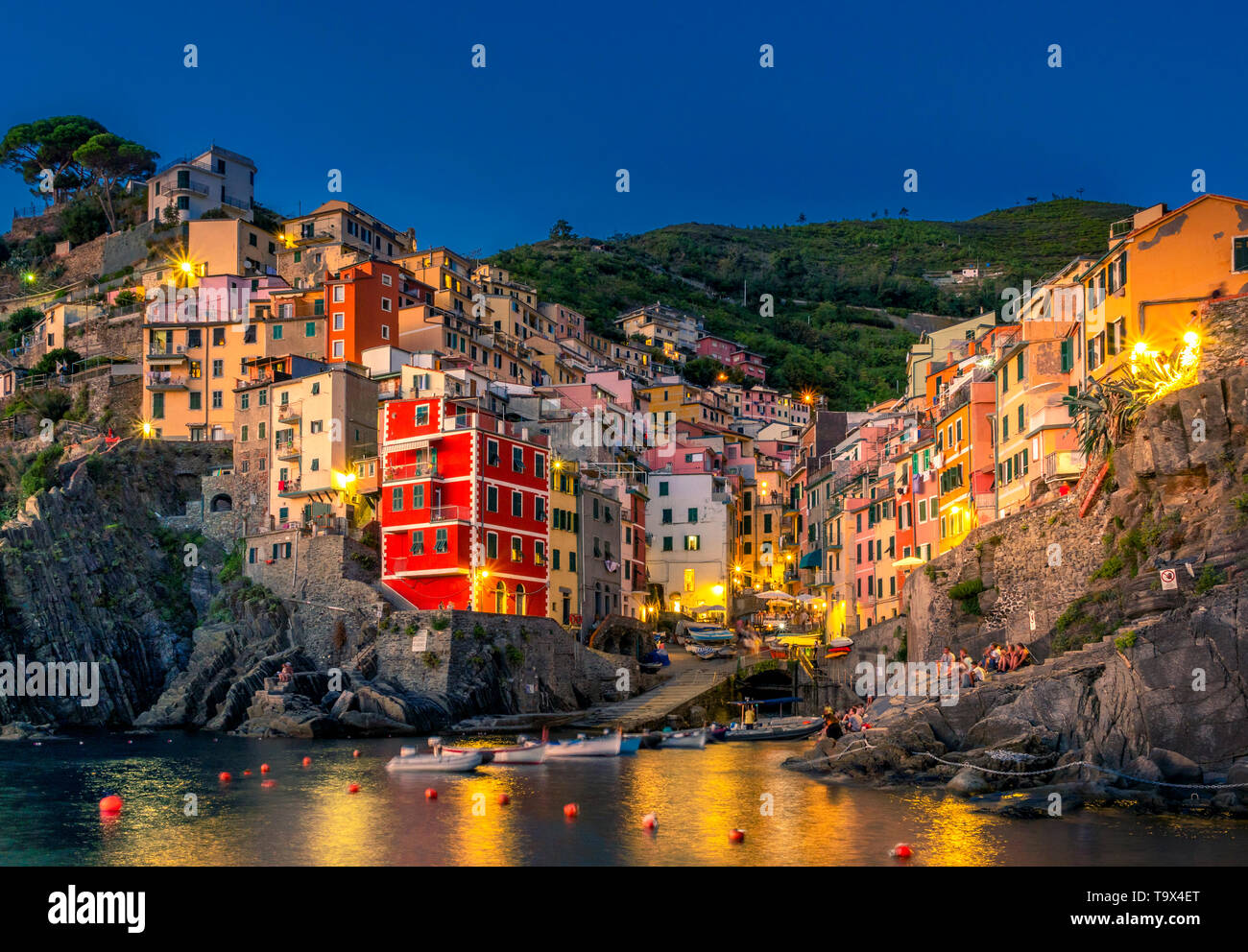 Fishing village Riomaggiore at night, Cinque Terre, La Spezia, Liguria, Italy, Europe, Fischerdorf Riomaggiore bei Nacht, Ligurien, Italien, Europa Stock Photo