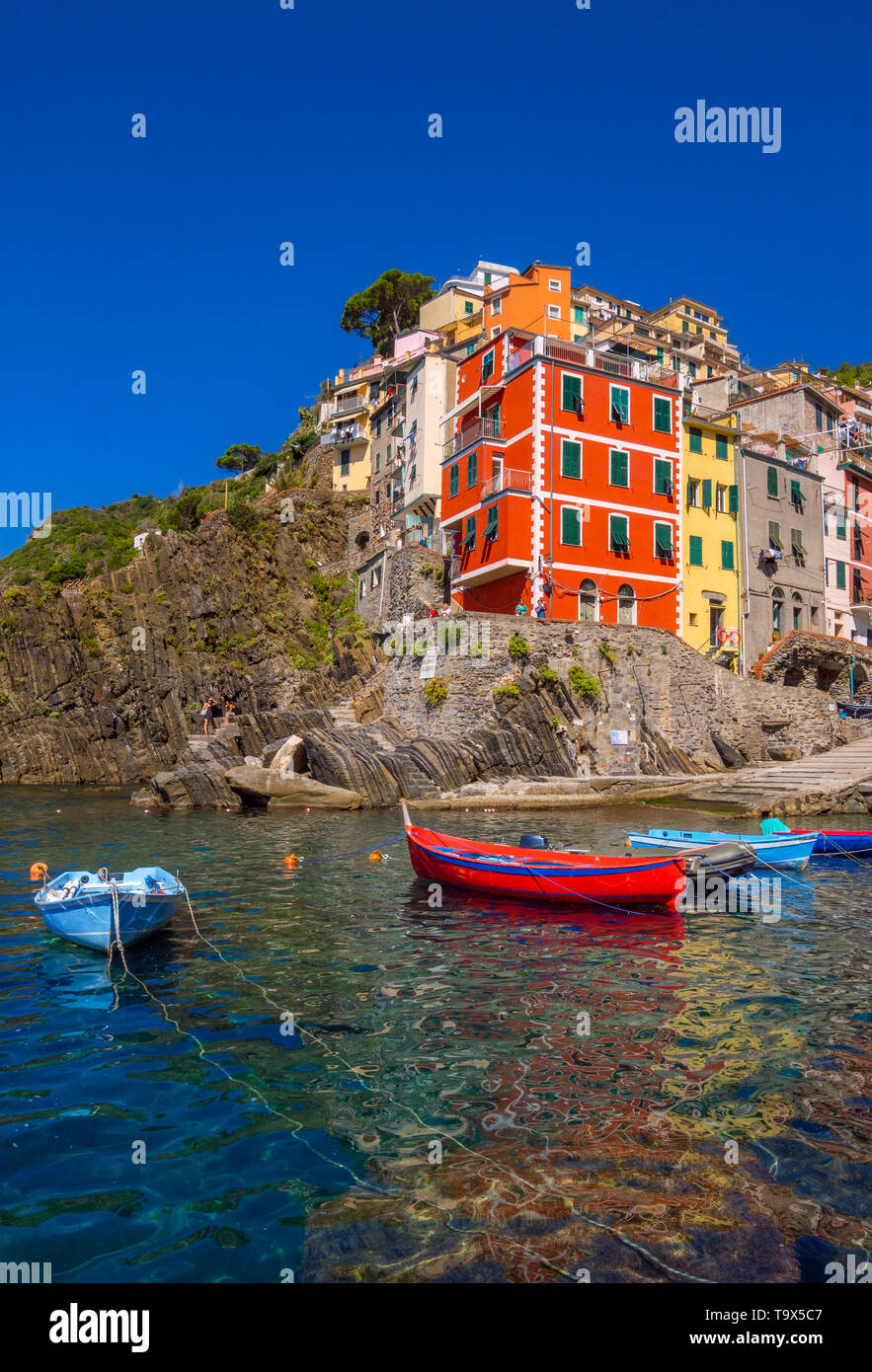 Local view with harbour and coloured houses, Riomaggiore, Cinque Terre, La Spezia, Liguria, Italy, Europe, Ortsansicht mit Hafen und bunten Häusern, L Stock Photo