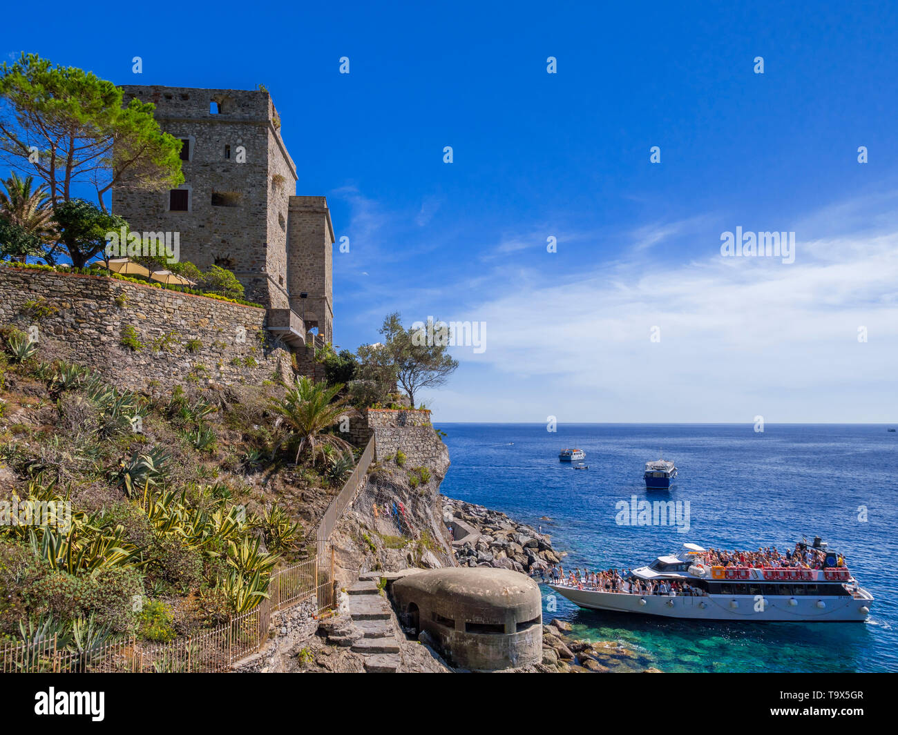 Holiday boat in the Torre Aurora in Monterosso Al Mare, Cinque Terre, Rivera Tu the Levant, province of La Spazia, Liguria, Italy, Europe, Ausflugsboo Stock Photo
