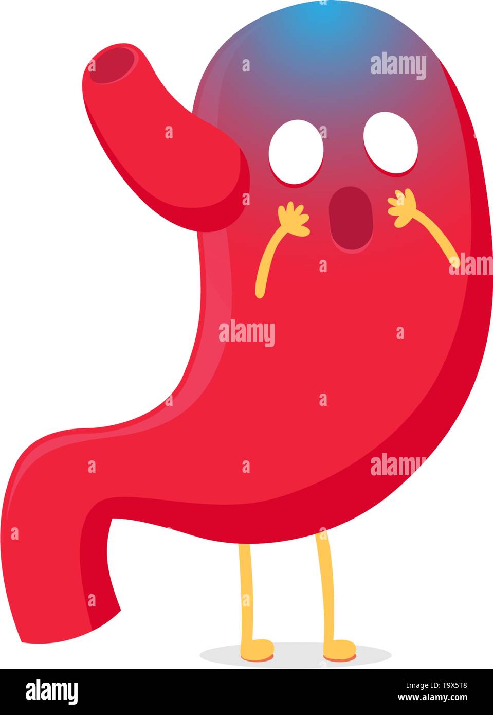Cute cartoon suffering stomach character unhealthy sick terrified emoji sad horror emotion. Vector organ digestive system indigestion. Funny vector il Stock Vector