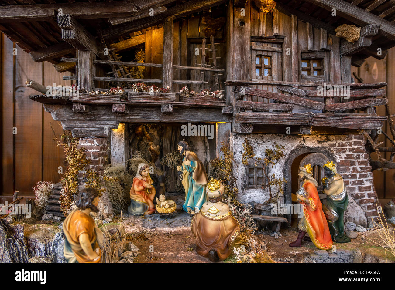 Traditional creche on the Baden native of Baden Christkindelsmarkt, Christmas fair in Baden-Baden, Baden-Wurttemberg, Germany, Europe, Traditionelle W Stock Photo