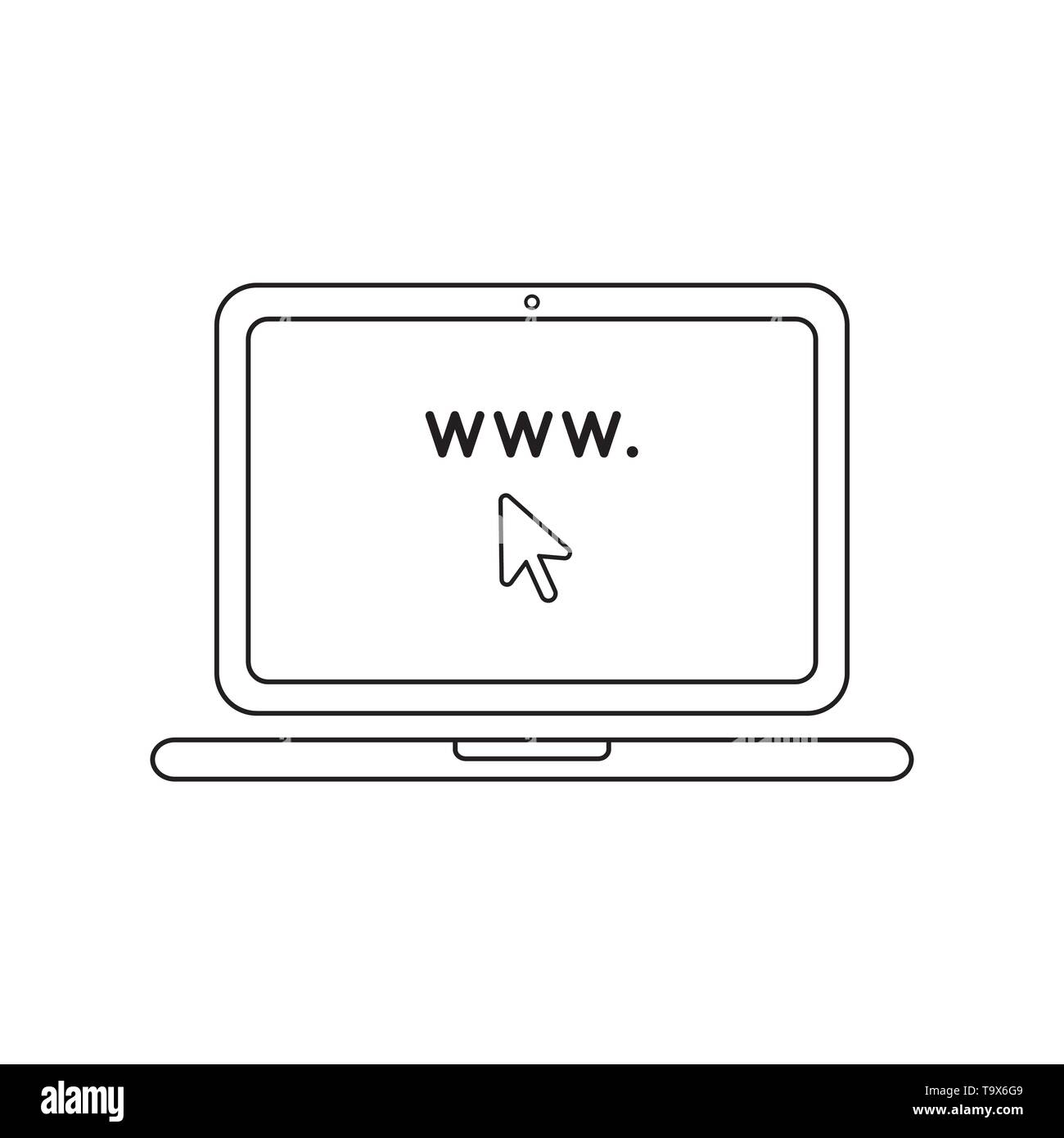 Vector icon concept of www and mouse cursor inside laptop screen. Black outlines Stock Vector