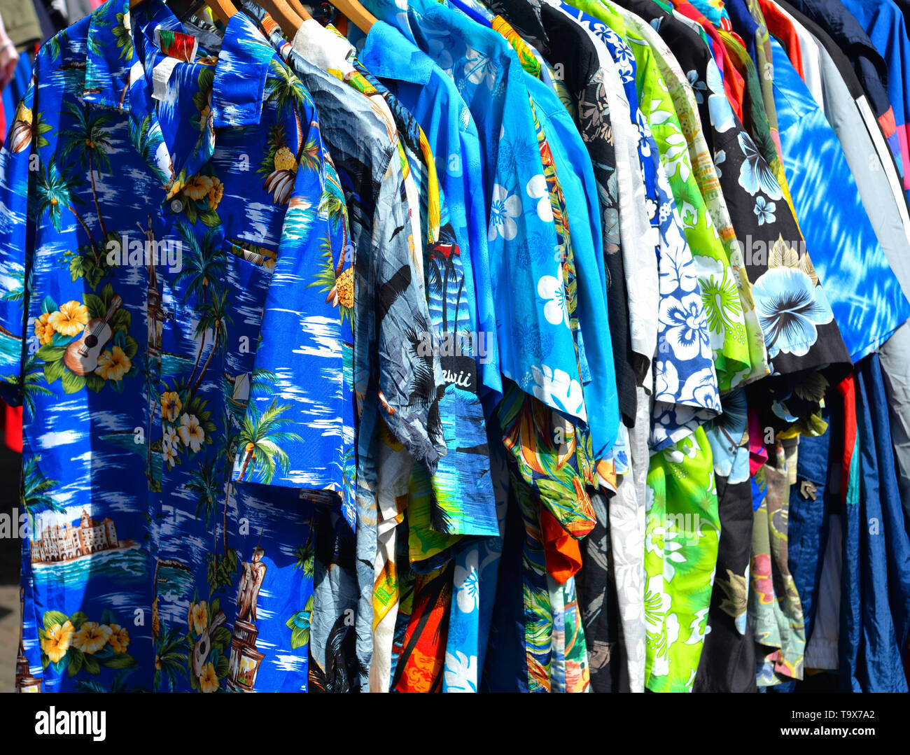 Colourful shirts in an Amsterdam street market, Netherlands. Stock Photo