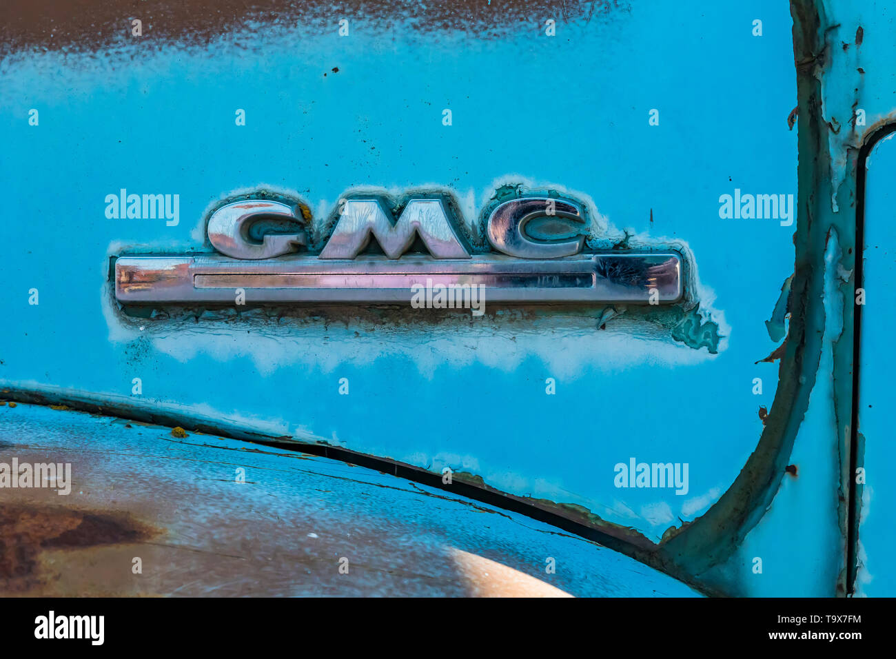 GMC logo on an old pickup in Sprague, Washington State, USA Stock Photo