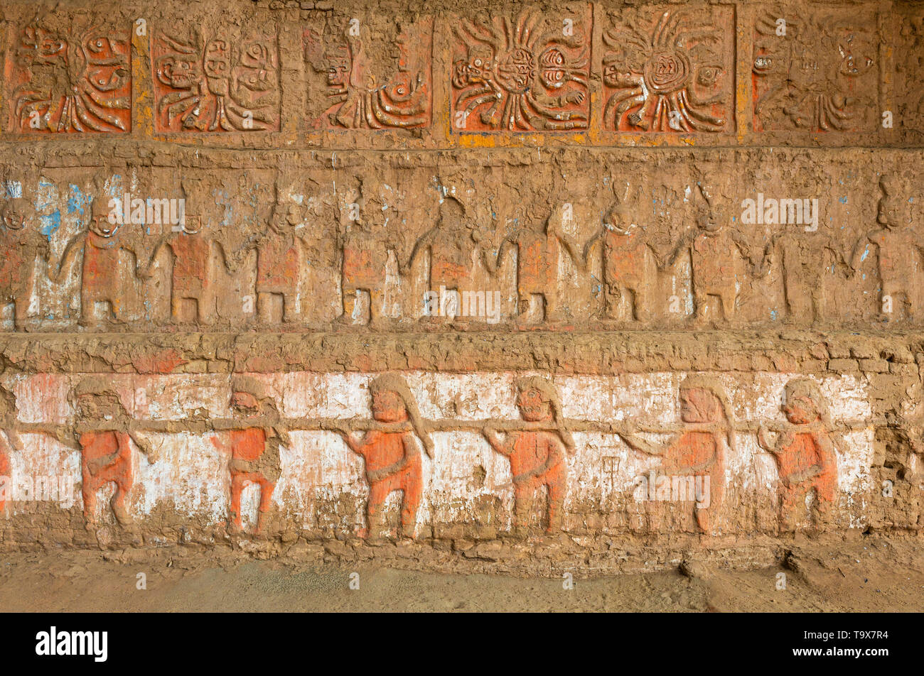 The base of the Moche Moon Pyramid (Huaca de la Luna) with a painted