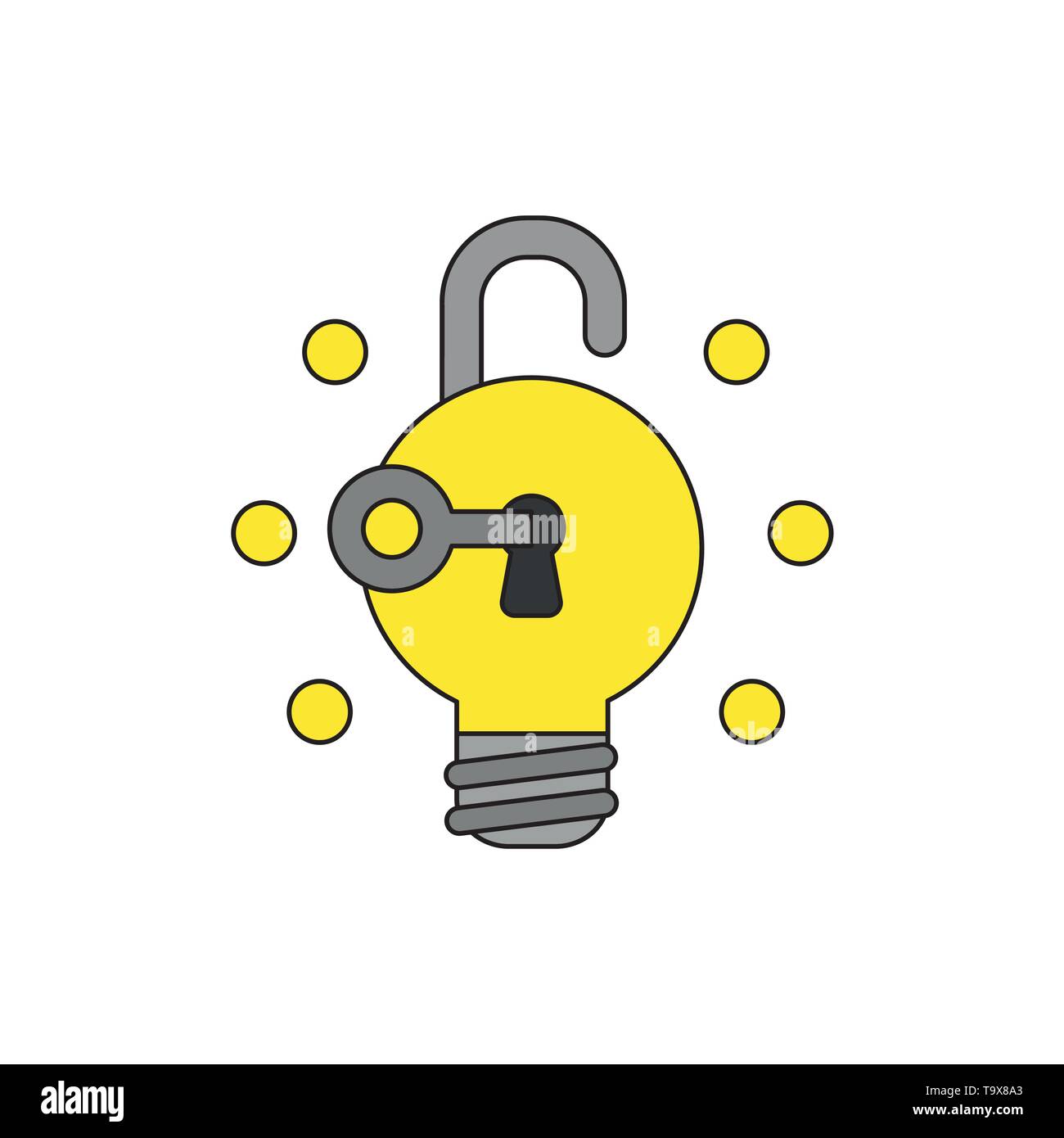 Vector icon concept of grey key unlock light bulb padlock and glowing ...