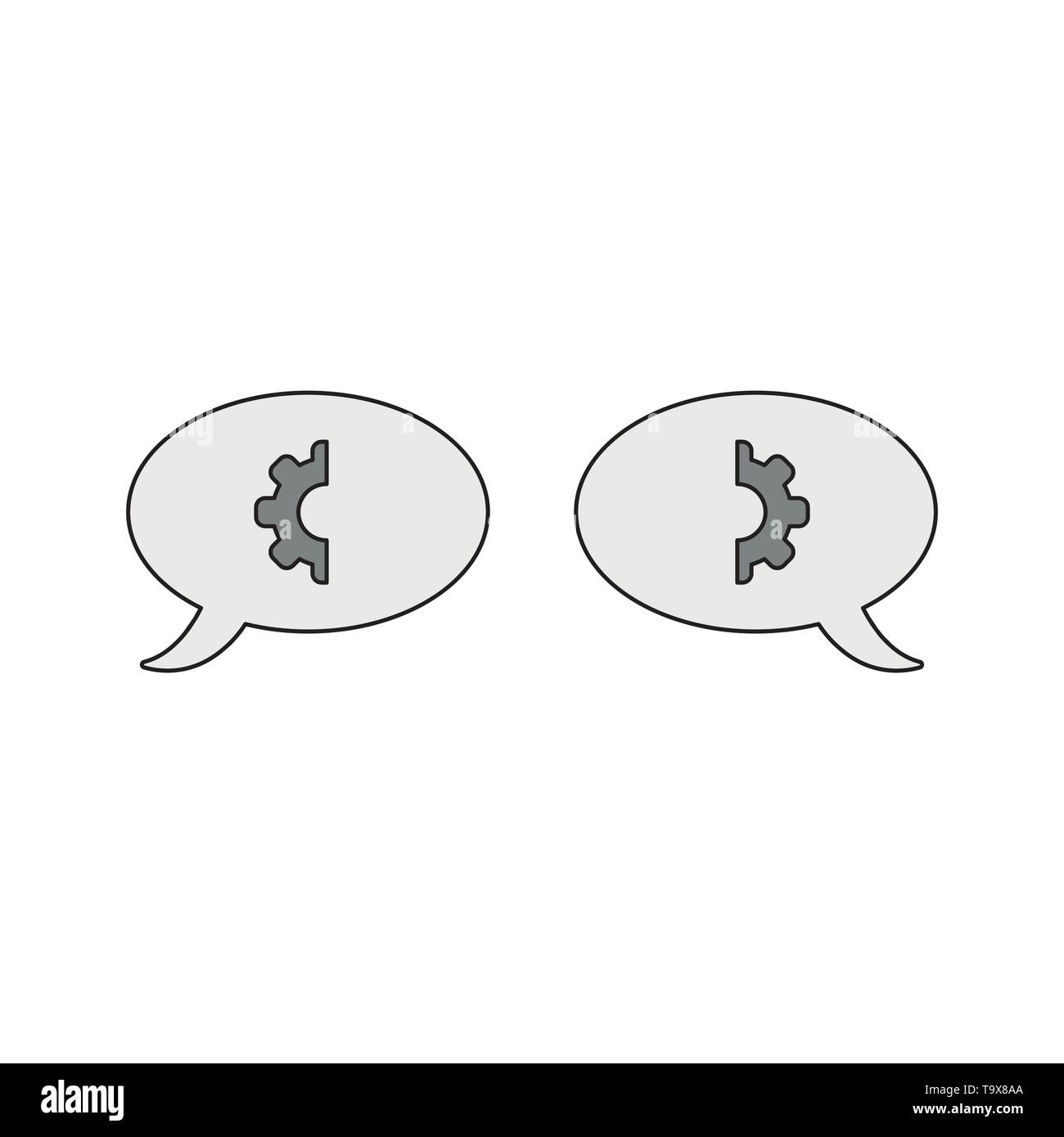 Vector icon concept of two speech bubbles with gear parts. Black outlines and colored. Stock Vector