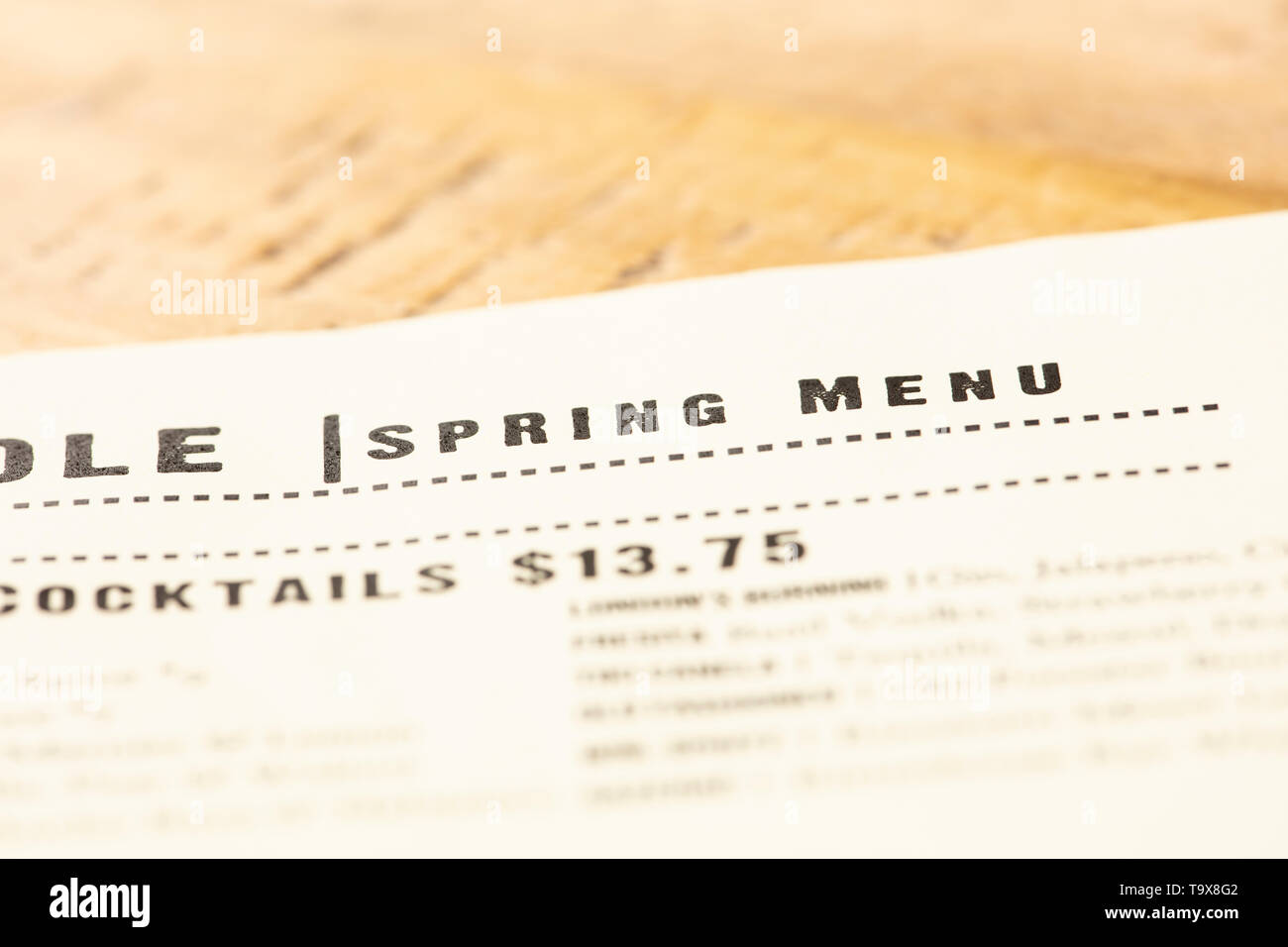 Restaurant menu listing the spring items for the season and pricing Stock Photo