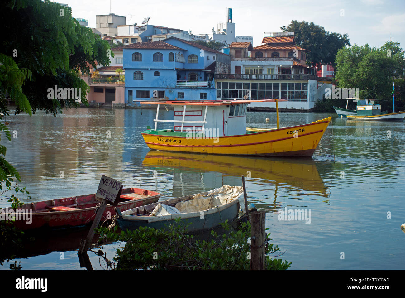 Moored boats at Santa Maria River, Vitoria, Espirito Santo, Brazil Stock Photo