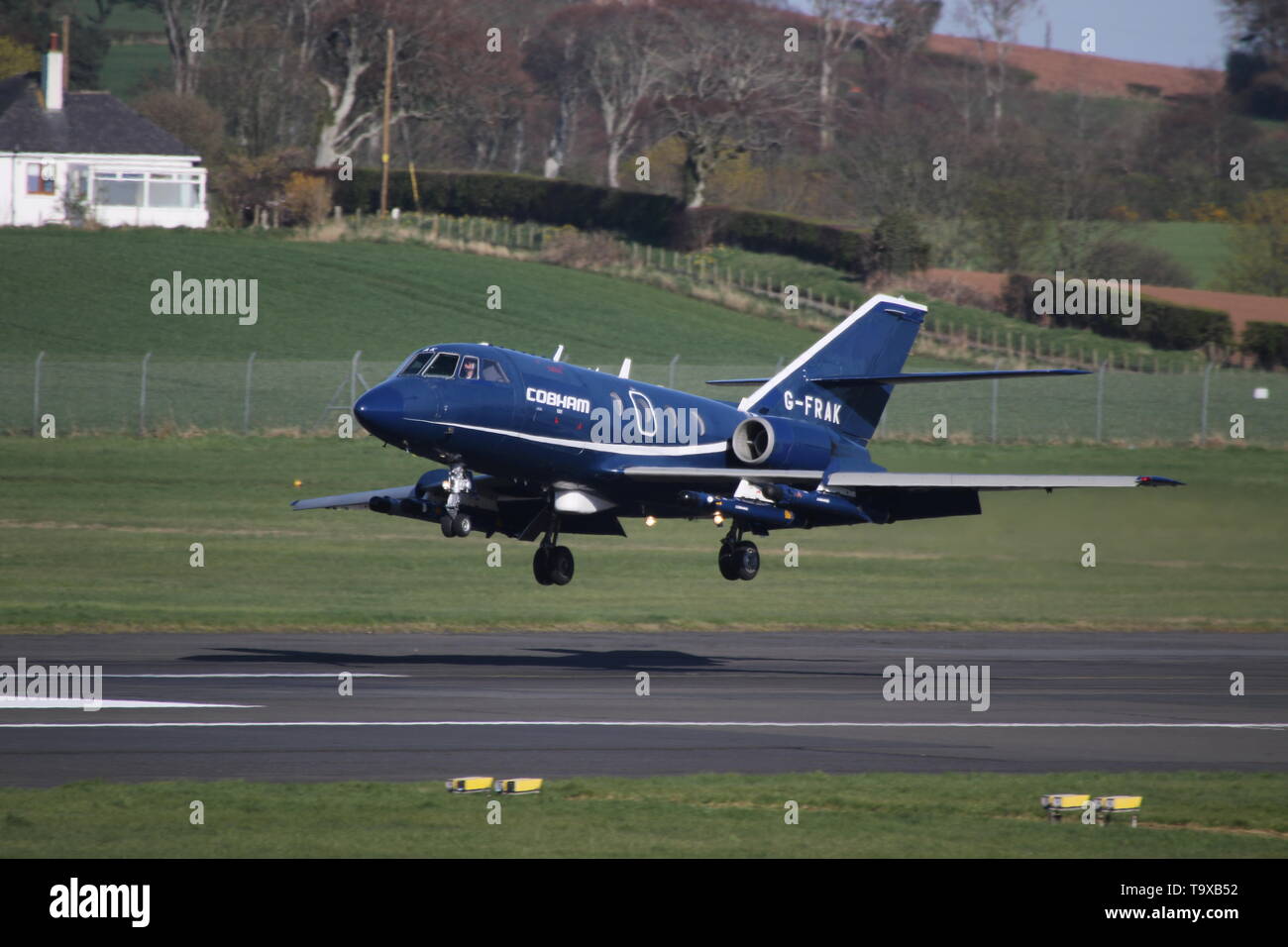 G-FRAK, a Dassault Falcon 20DC operated by Cobham Aviation Services, arriving back at Prestwick after a sortie during Exercise Joint Warrior 19-1. Stock Photo