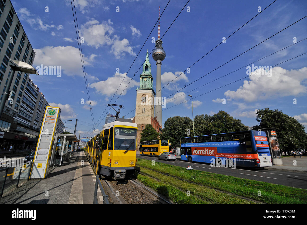 Alexanderplatz, Berlin: Fernsehturm (TV Tower) and tramway station. Germany Stock Photo