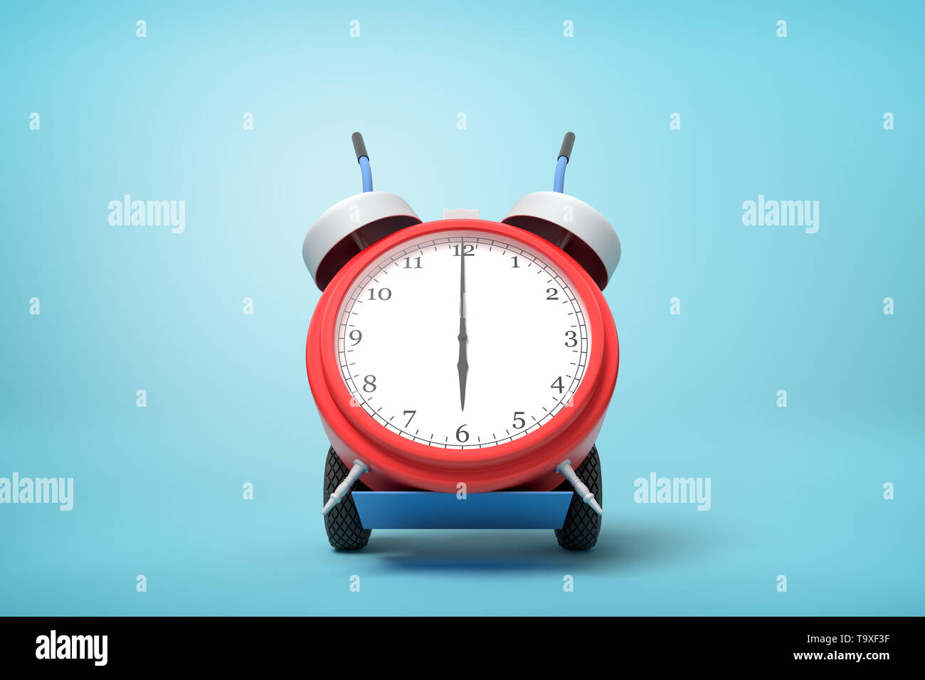 3d rendering of alarm clock on a hand truck on blue background Stock Photo