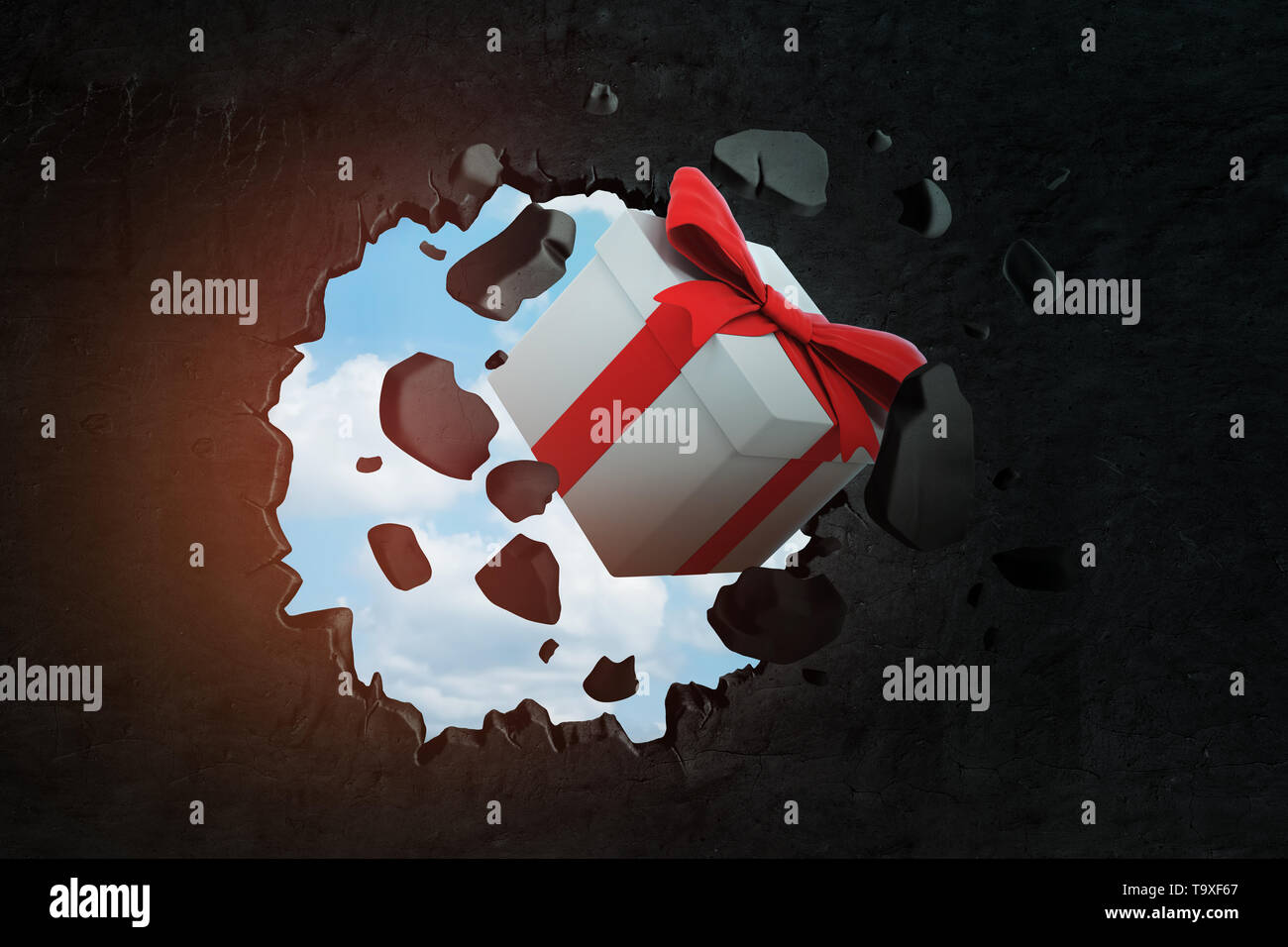 3d rendering of white gift box with red ribbon breaking black wall ...