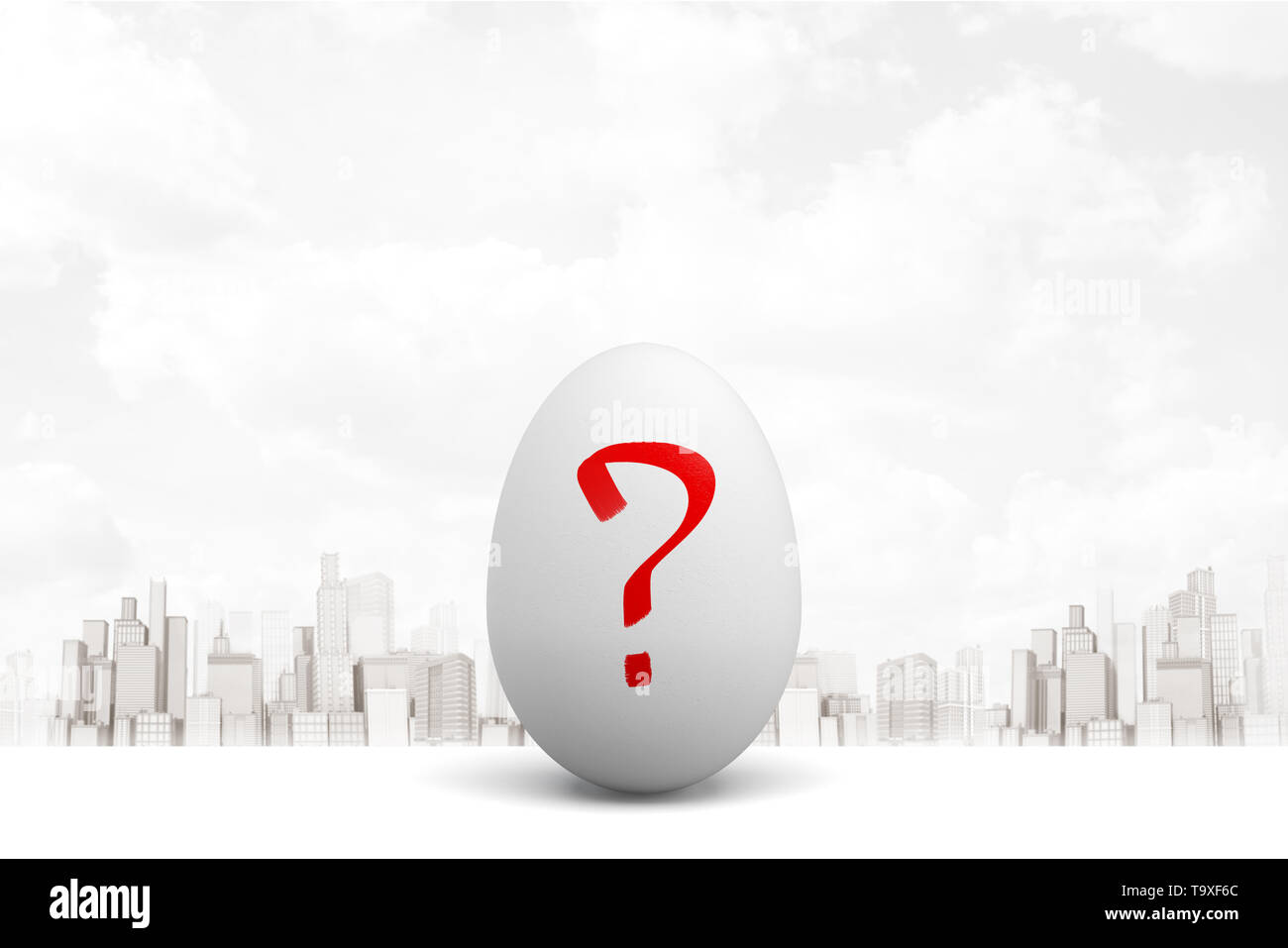 3d rendering of white egg with red question mark on white city ...
