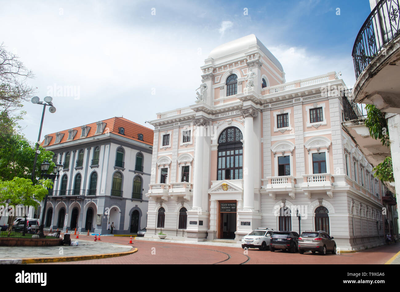 Two historical buildings of the Old Panama City.  Panama Canal Museum can be seen on the left; on the right stands the Municipal Palace building. Stock Photo