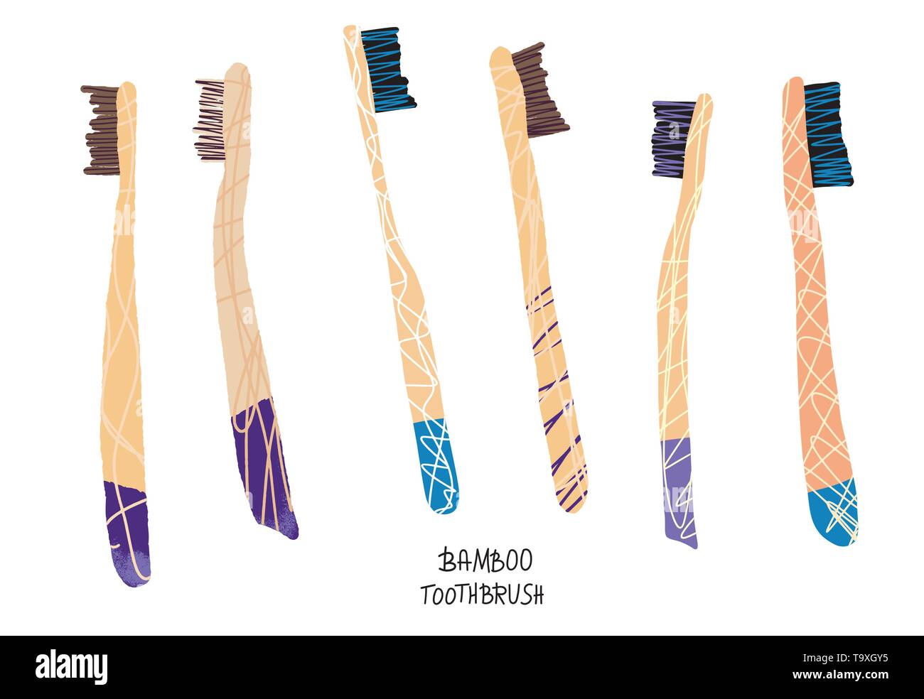 Bamboo toothbrushes set isolated. Zero waste tips. Eco-friendly collection of brushes. Vector illustration. Stock Vector