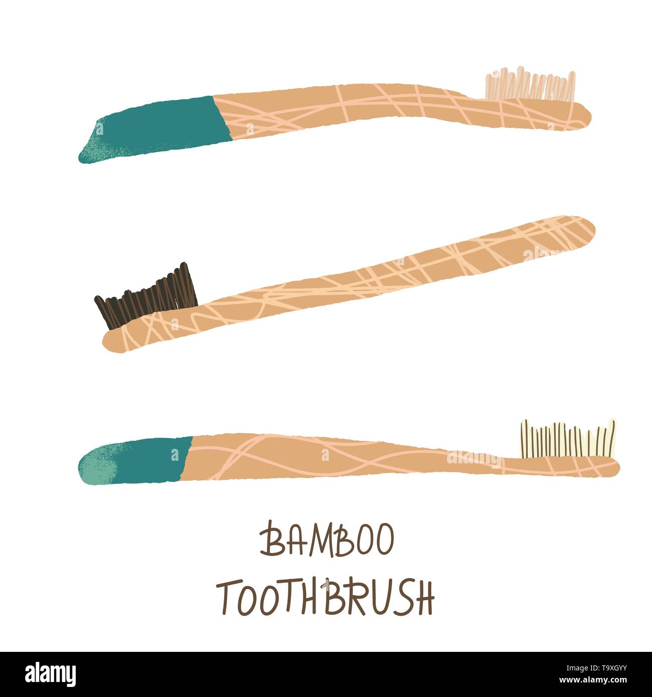 Bamboo toothbrushes set isolated on white background. Zero waste conceptual elements. Eco-friendly brushes. Vector illustration. Stock Vector