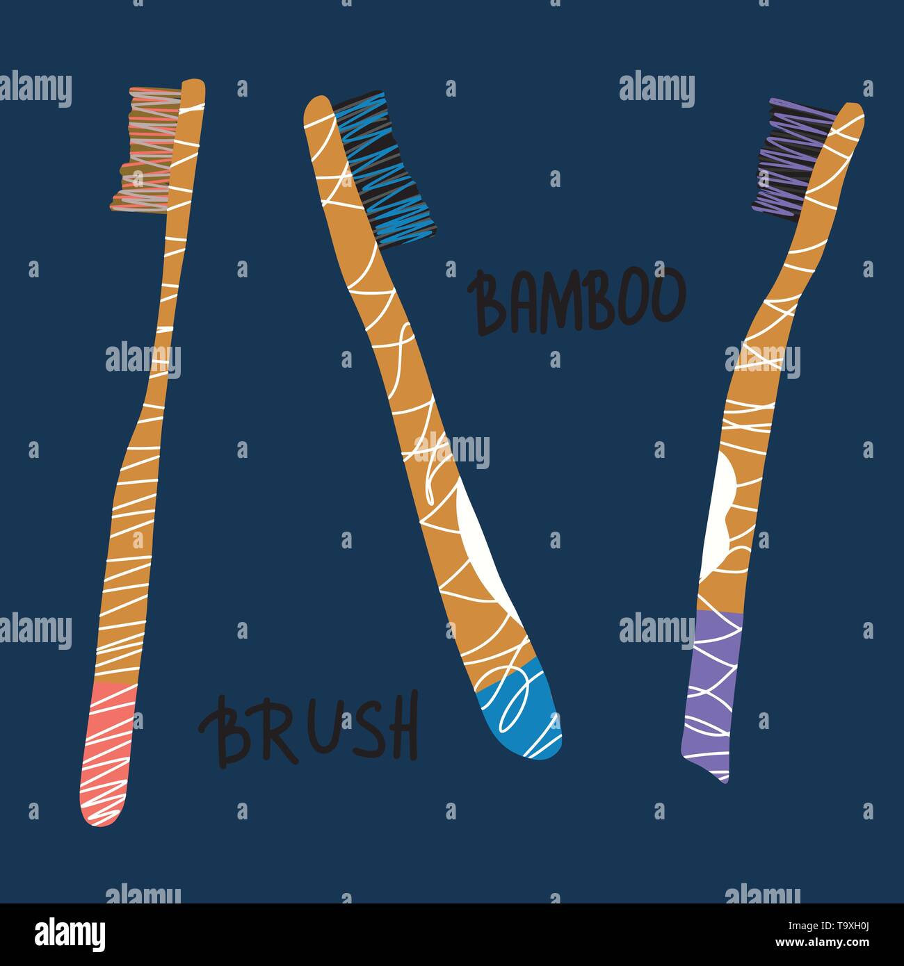 Bamboo toothbrushes set isolated. Zero waste tips. Eco-friendly brushes with text. Vector illustration. Stock Vector