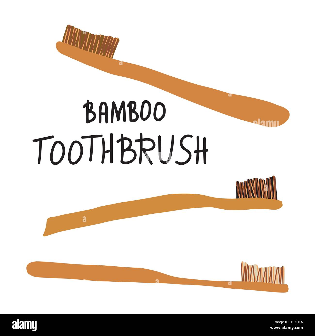 Bamboo toothbrushes set isolated. Zero waste tips. Eco-friendly brushes with handwritten lettering. Vector illustration. Stock Vector