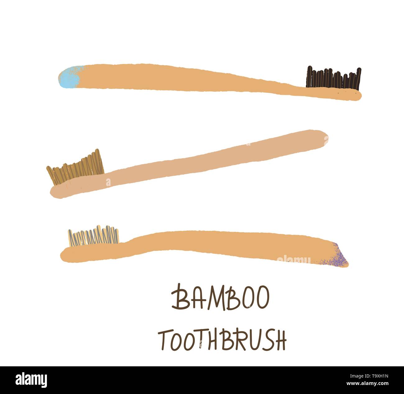 Bamboo toothbrushes set isolated on white background. Zero waste tips. Eco-friendly brushes. Vector illustration. Stock Vector