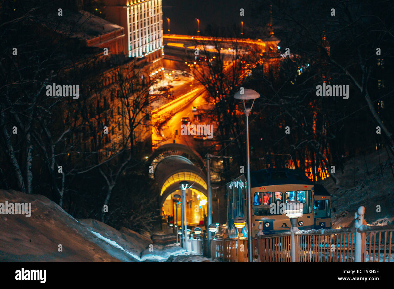 The funicular on Vladimir's Hill, in the background night Kiev Stock Photo