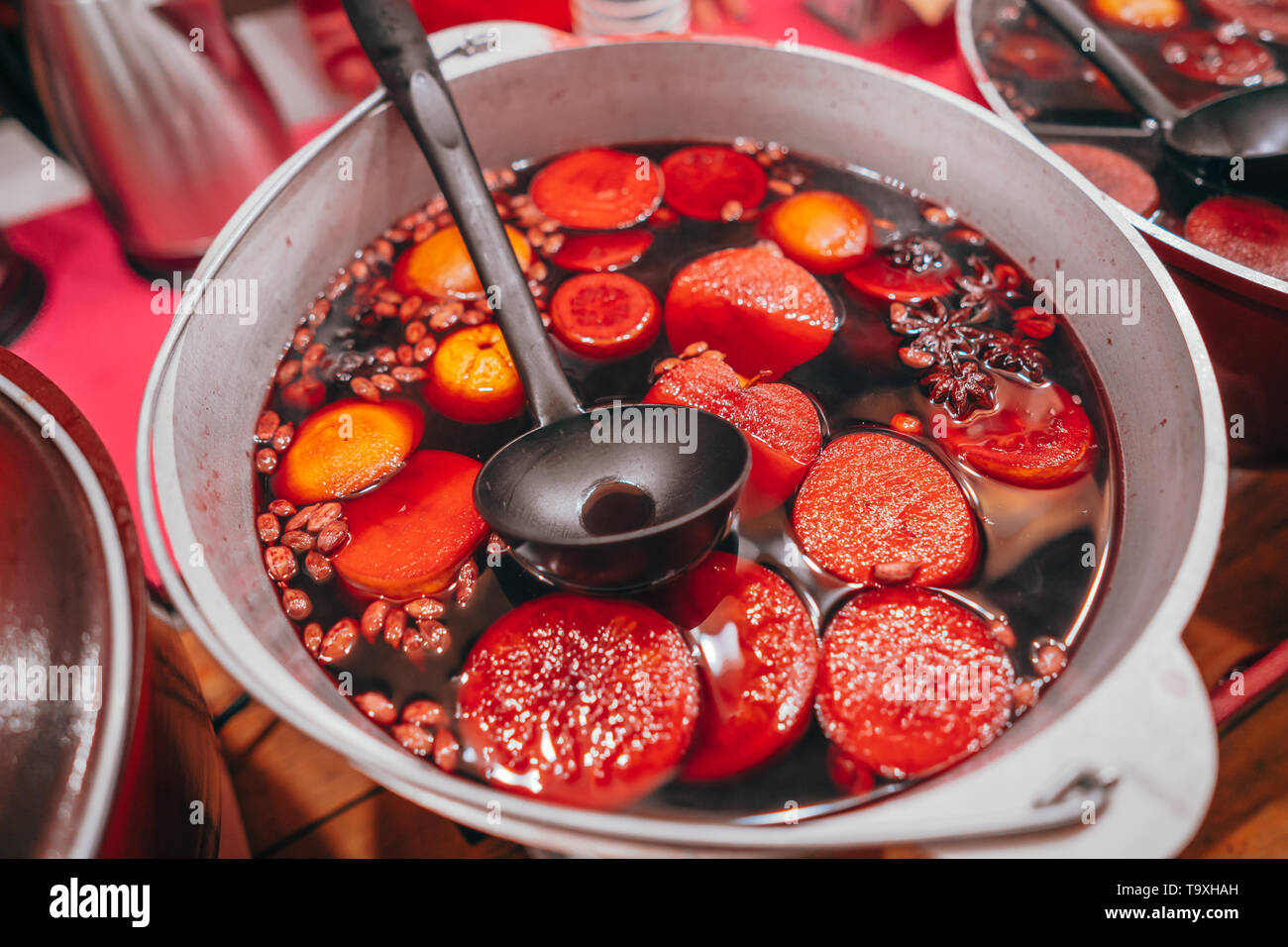 Freshly cooked mulled wine in the pan Stock Photo