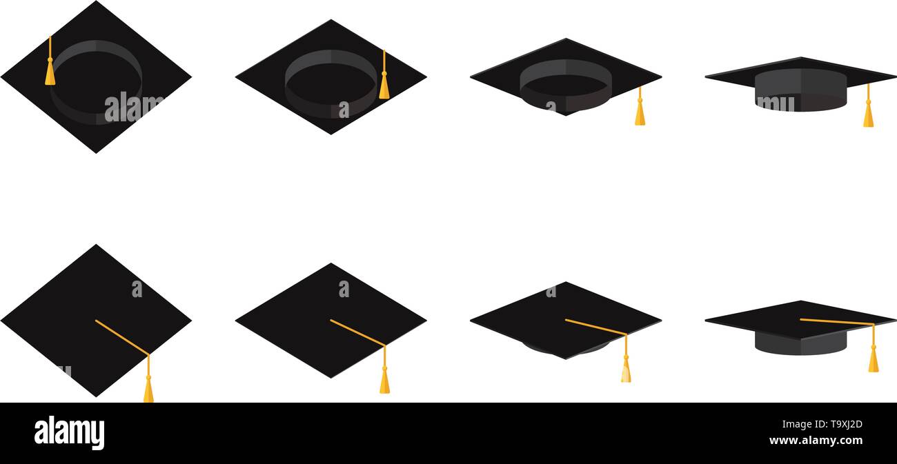Set of icons with an academic cap in different angles Vector flat illustration Stock Vector