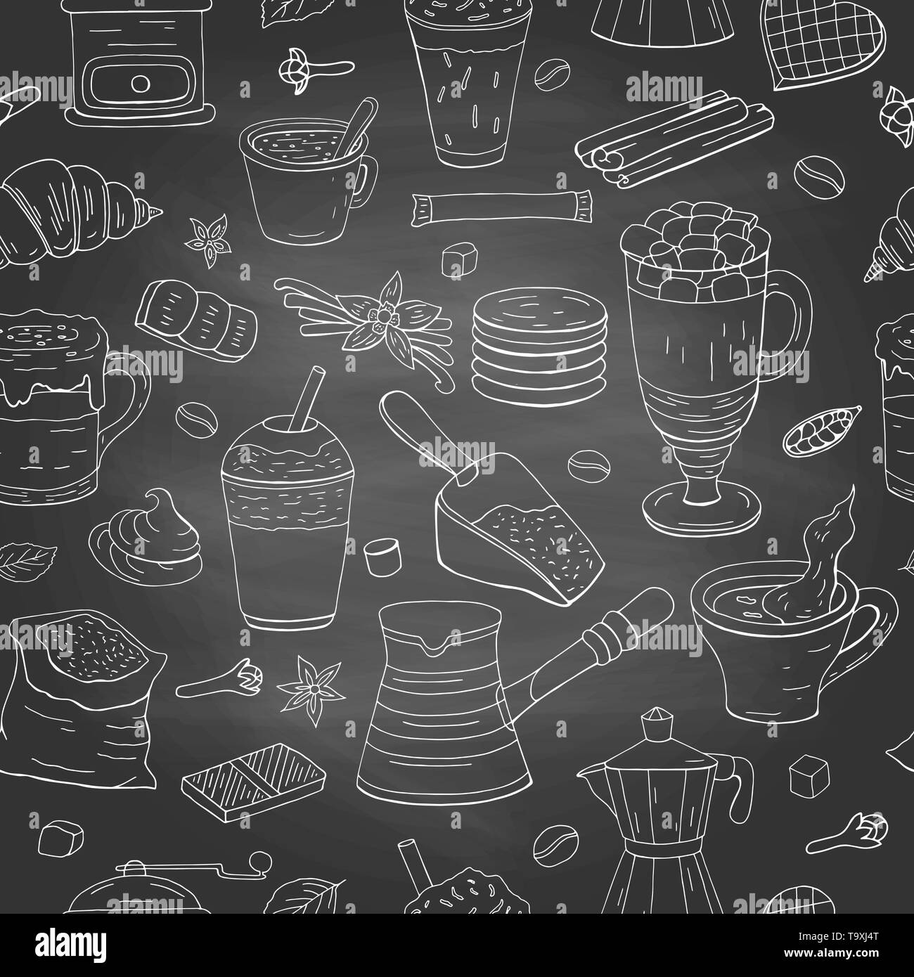 Seamless pattern with different coffee elements on chalkboard. Coffee collection on black background Stock Vector