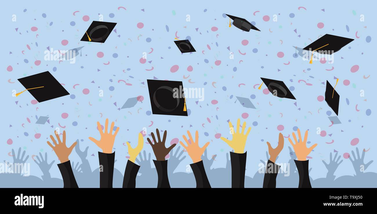 Graduating students of pupil hands throwing graduation caps in the air