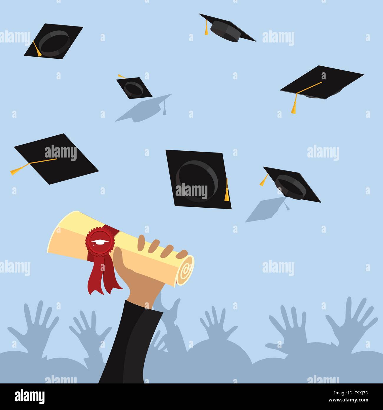 Graduate hand holds diploma with ribbon and stamp. Vector flat ...
