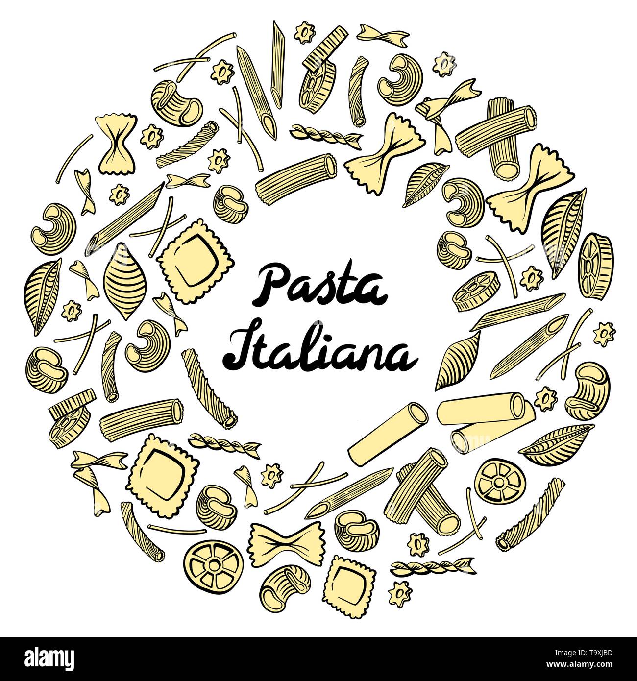 Round frame with italian macaroni of different kinds. Colored hand draw on white background. Vector illustration Stock Vector