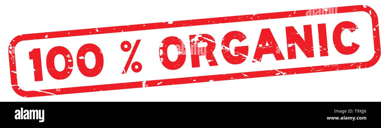 Grunge red 100 percent organic square rubber seal stamp on white ...