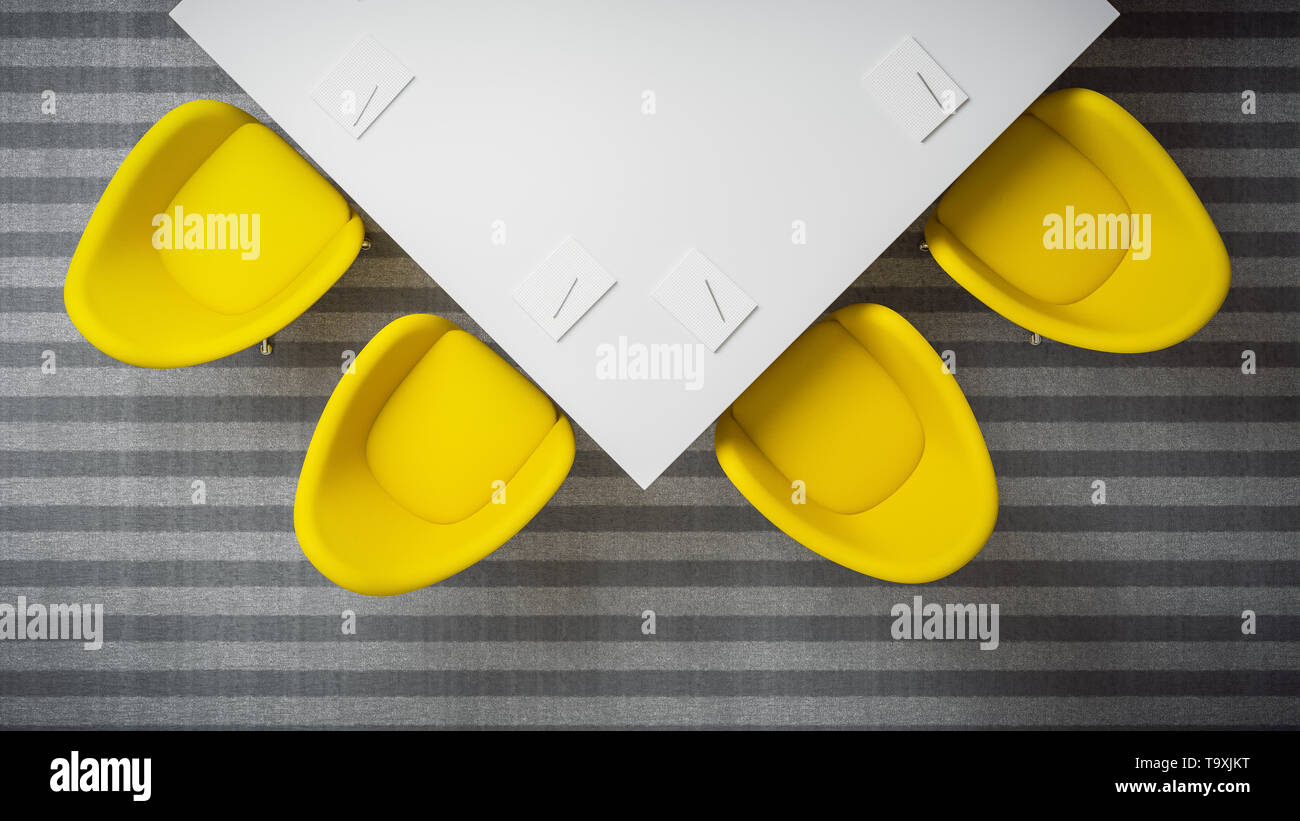 topview 3D rendering of table and chairs or armchairs for participants