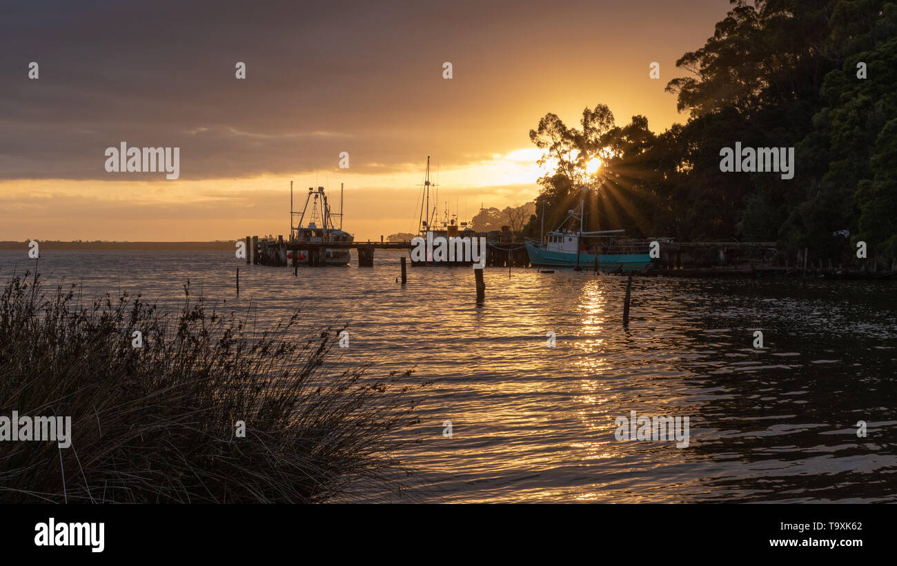 Sunset over Macquarie Harbour, Srahan, Tasmania Stock Photo