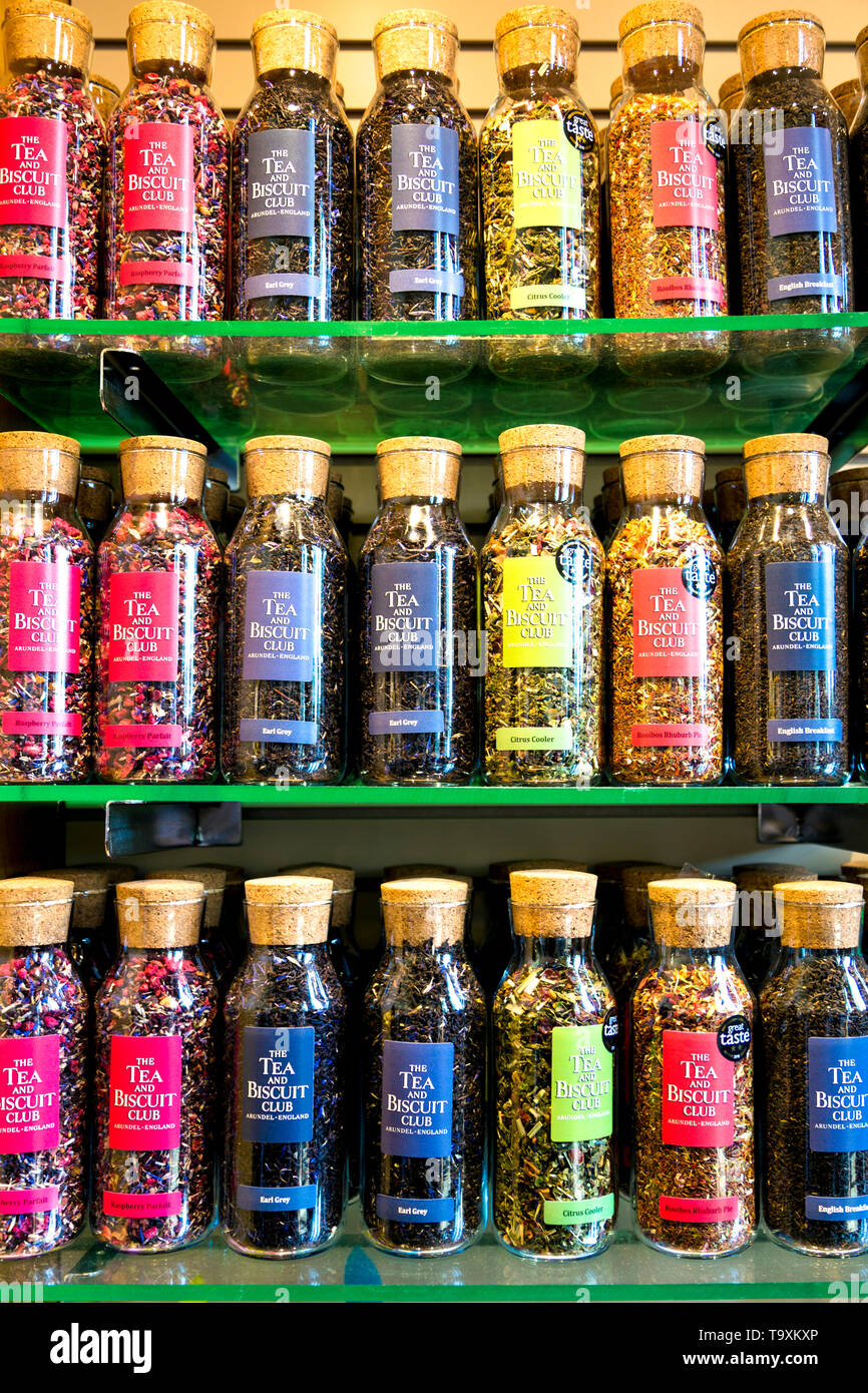 Shop display of tea in glass bottles with cork, Arundel, UK Stock Photo