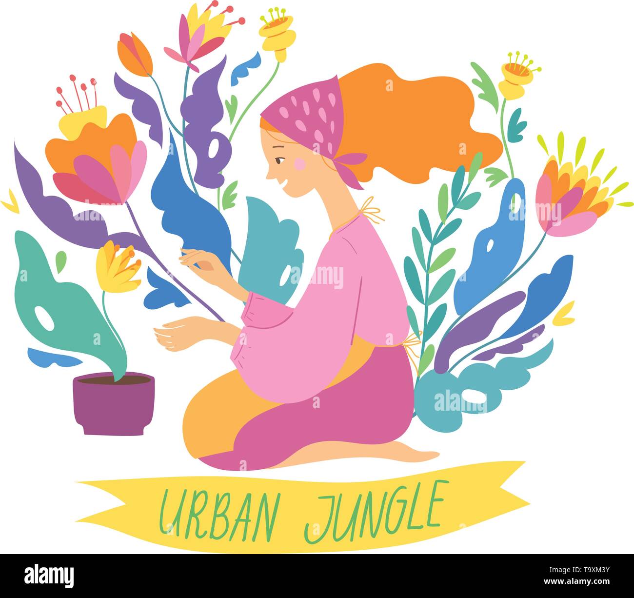 Vector illustration in urban jungle style with woman and home plants  Stock Vector