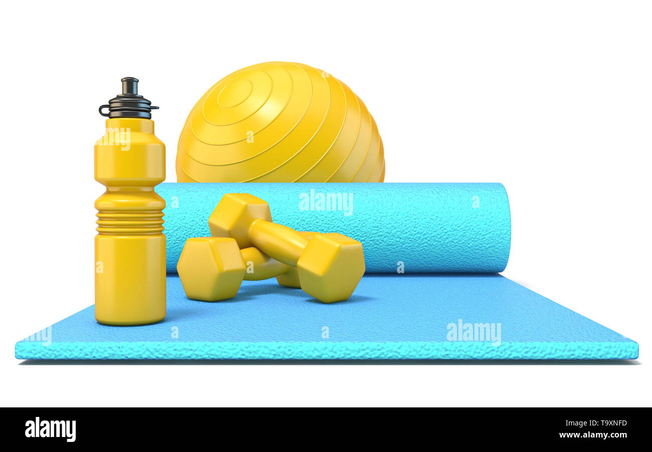 Exercise mat with weights fitness ball and watter bottle Front 3D rendering illustration isolated on white background Stock Photo Alamy