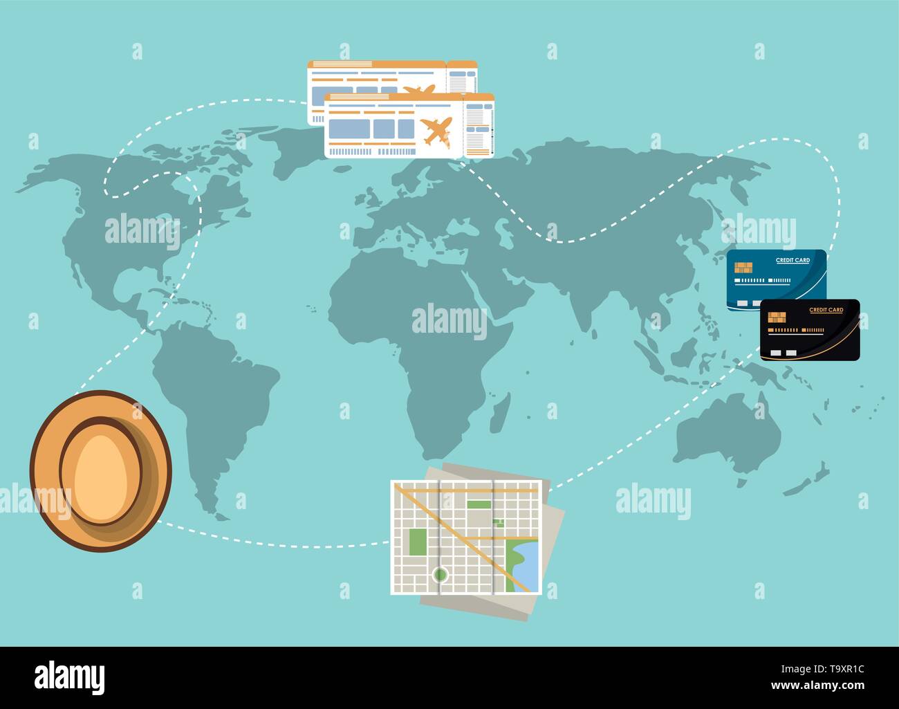 Travel elements on world map Stock Vector Image & Art - Alamy