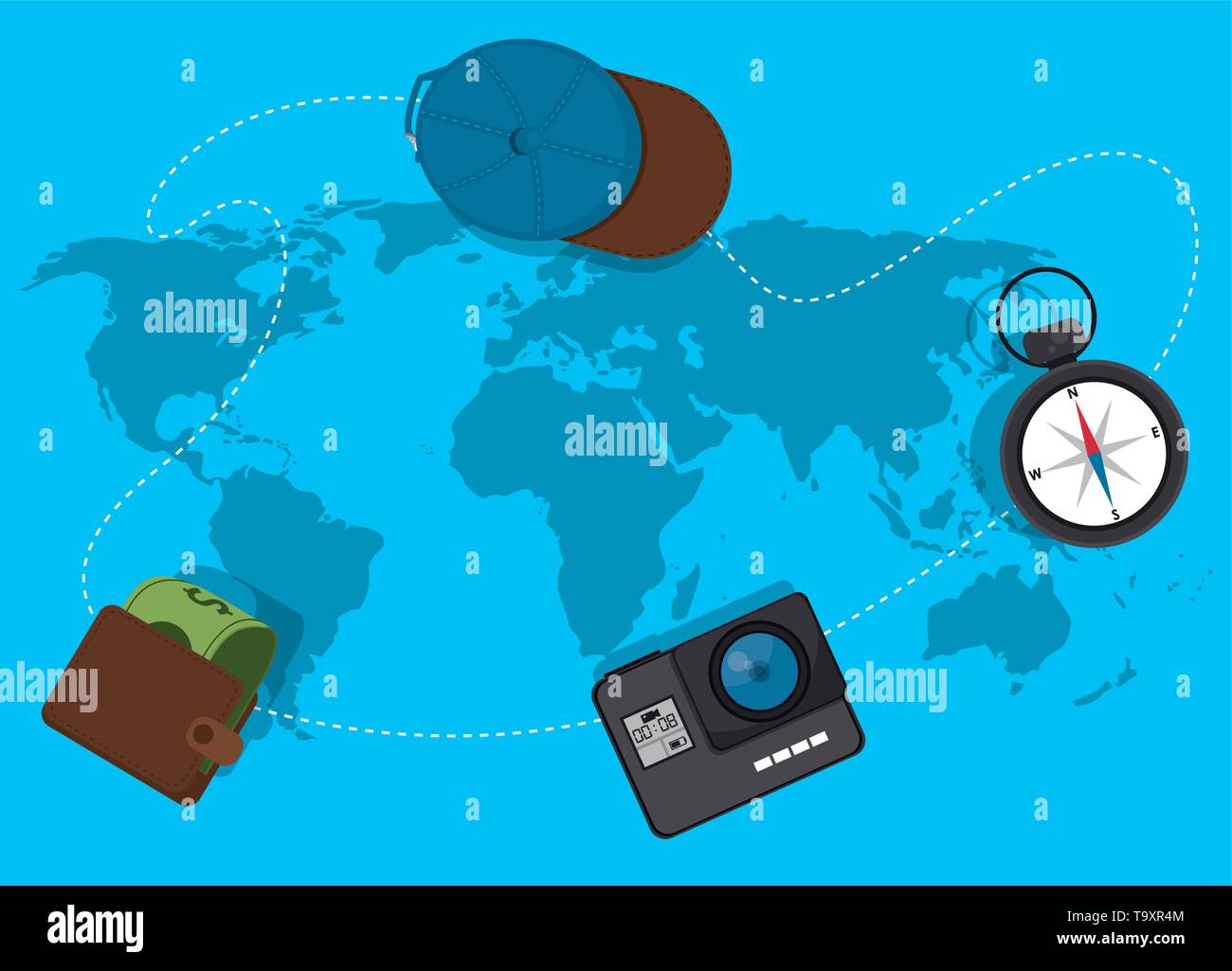 Travel elements on world map Stock Vector Image & Art - Alamy