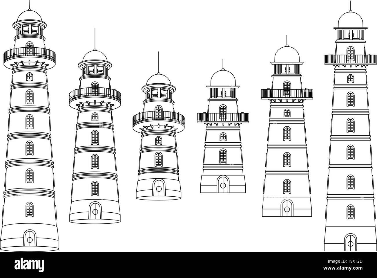 vector black, white outline Lighthouse, light house, beacon set Stock Vector