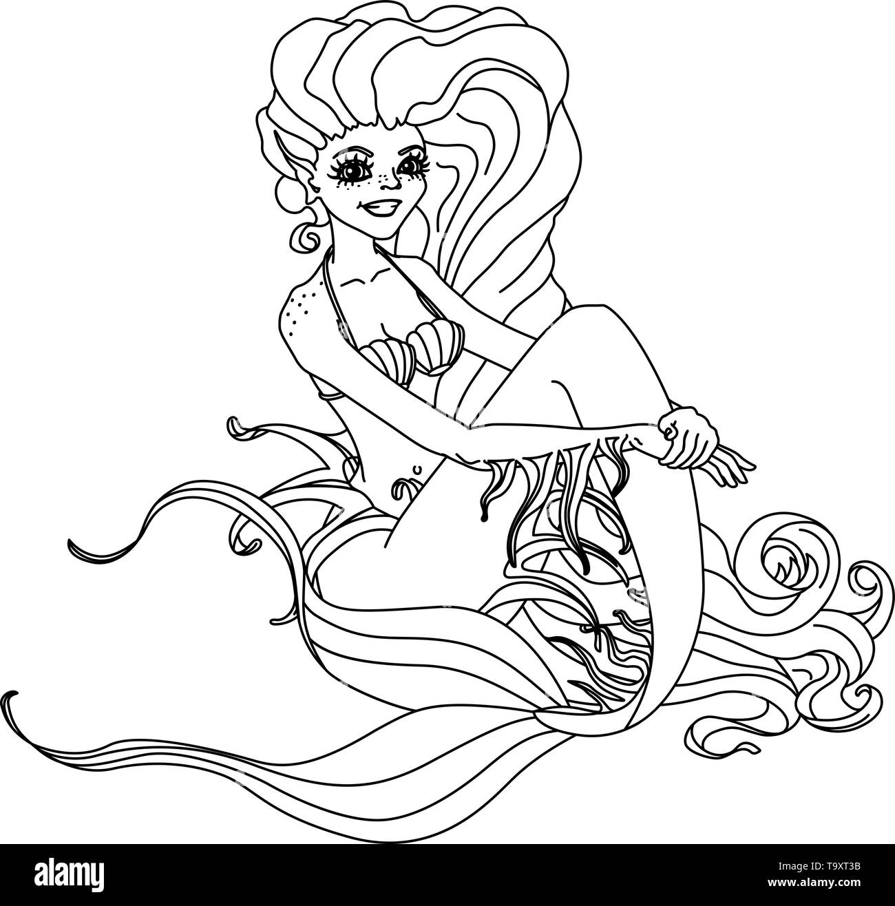 vectorr black, white outline cartoon cute mermaid Fairy sea Stock Vector