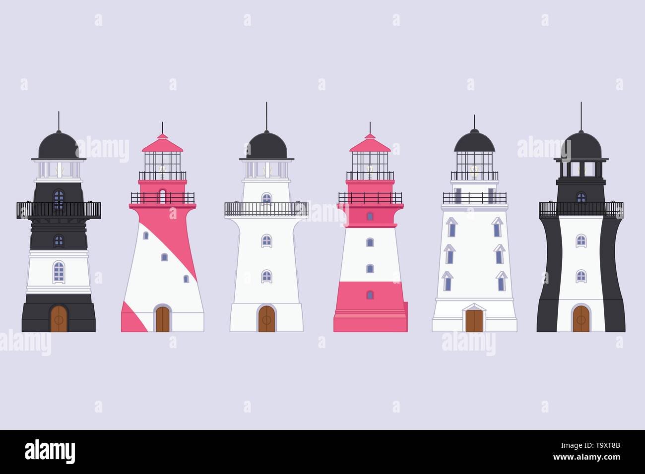 vector flat outline Lighthouse, light house, beacon set Stock Vector