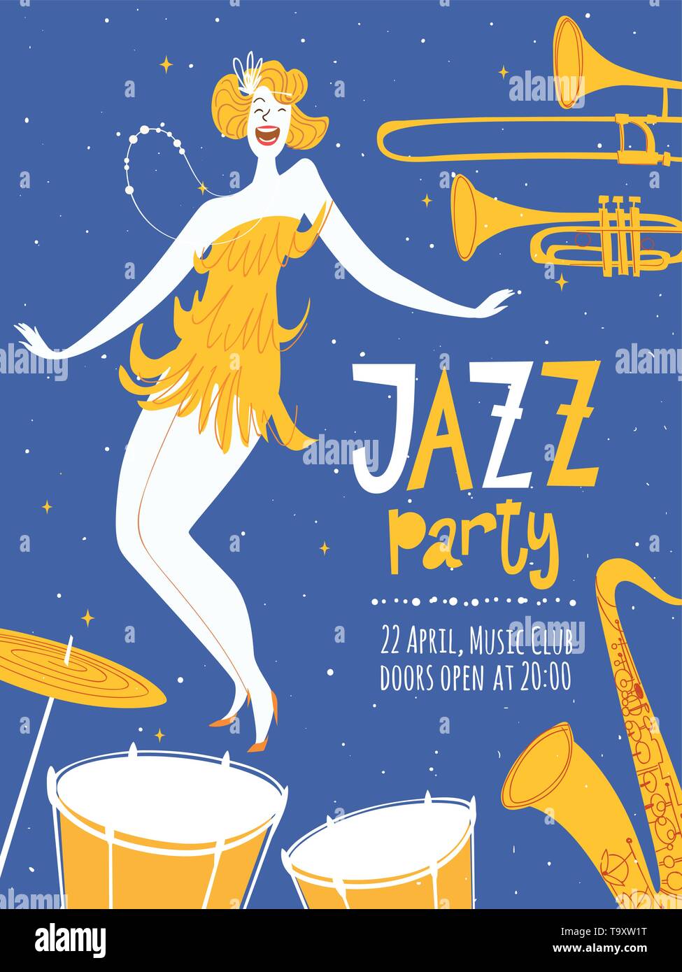 Jazz party invitation or poster template with dancing lady Stock Vector