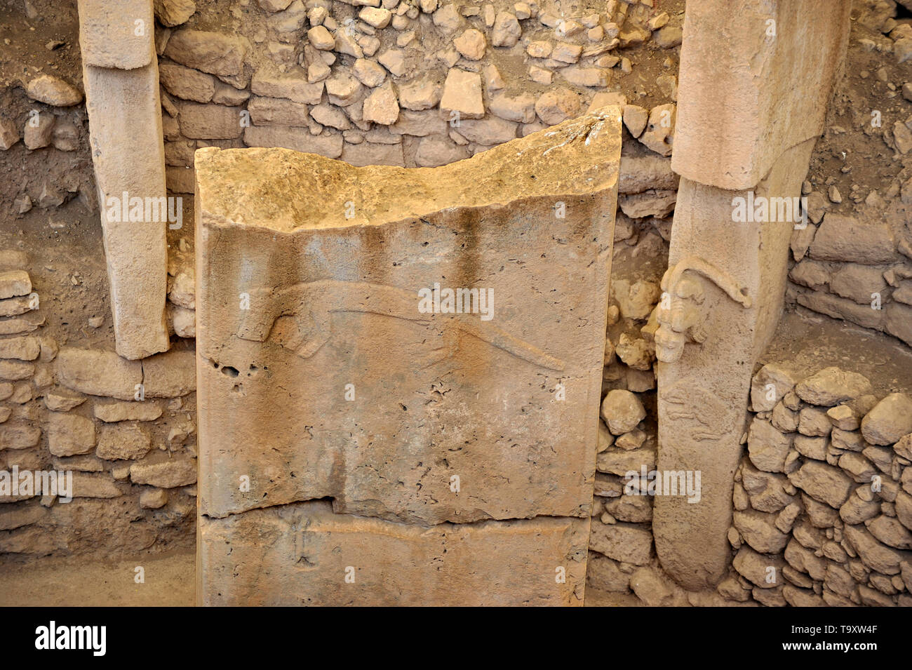 Carved animals at ancient archaeological site in Gobekli Tepe, Sanliurfa, Turkey Stock Photo